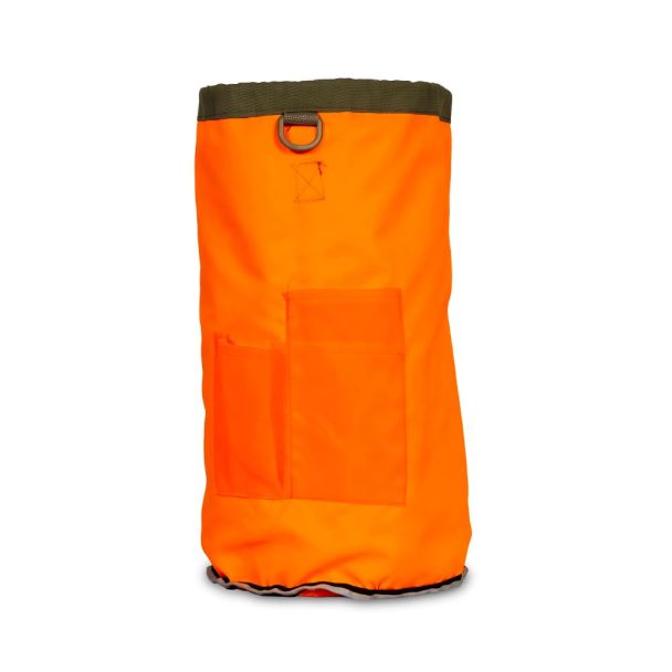 Kelly Kettle Survival Bag in orange with olive green top trim, D-ring and front pockets, shown upright from the front.