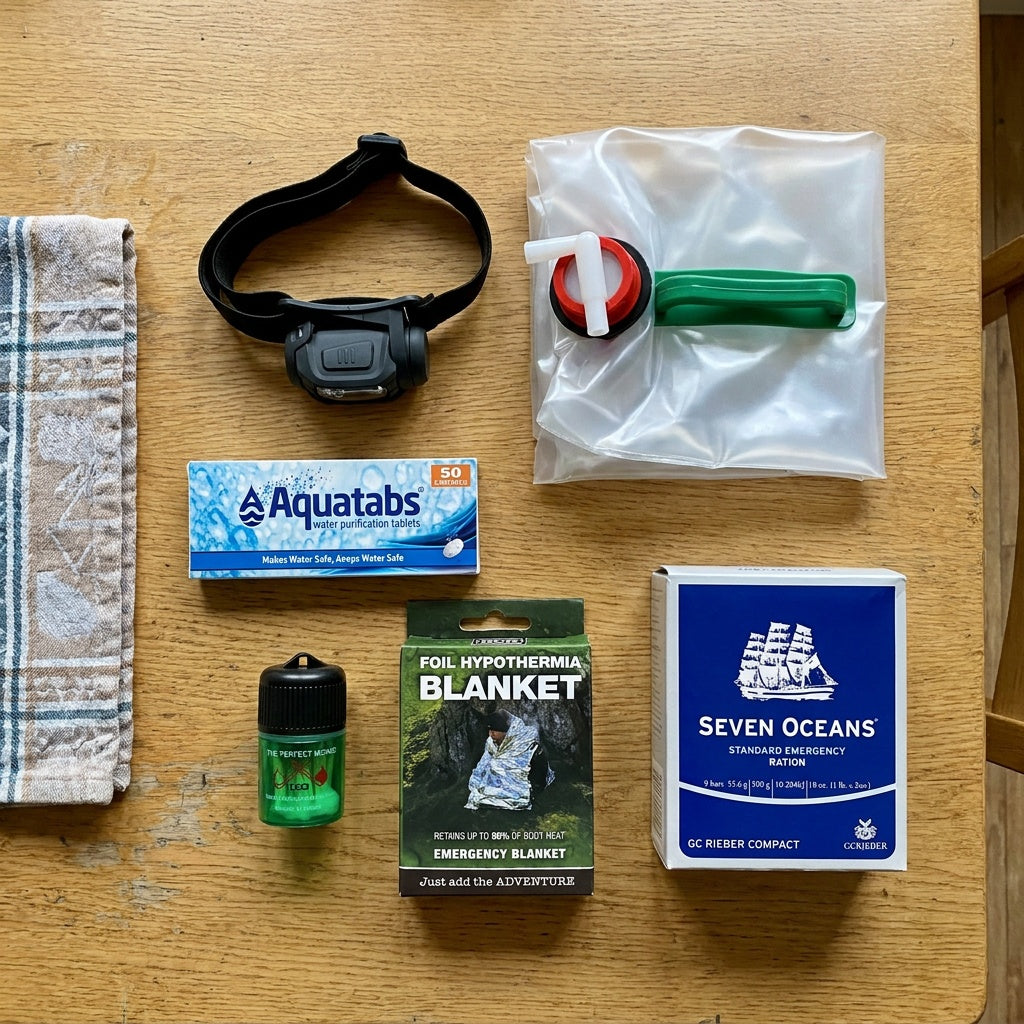Power Cut Basics Kit laid out on a kitchen table: headlamp, water purification tablets, collapsible jerry can, waterproof matches, foil blanket and Seven Oceans ration block
