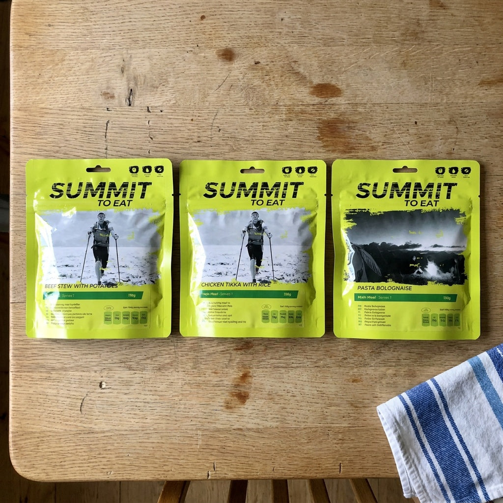 Summit To Eat pouch trio on a kitchen table: Beef Stew with Potatoes, Chicken Tikka with Rice and Pasta Bolognaise