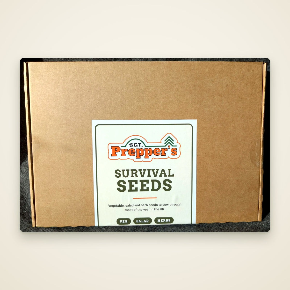 Sgt Prepper Survival Seeds box, a brown box sealed with the Sgt Prepper label
