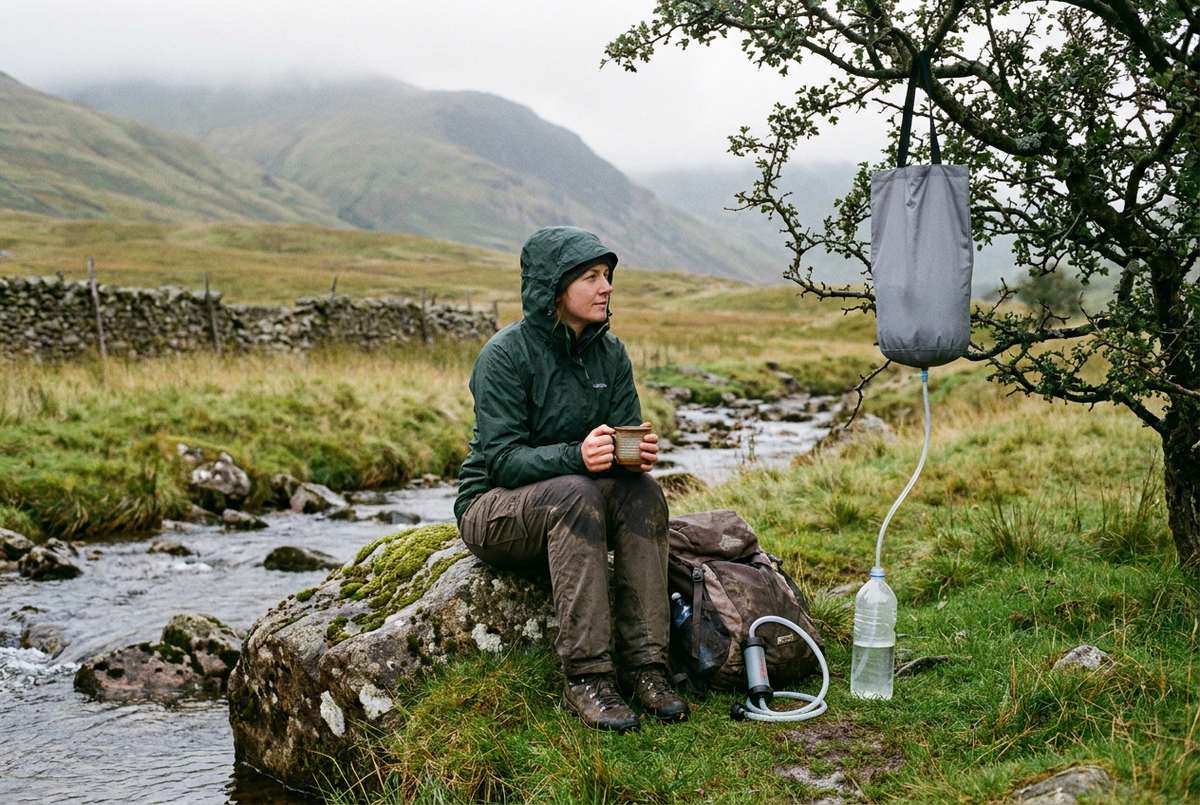 A woman rests by a stream in the Lake District near a hanging gravity water bag and a pump filter.