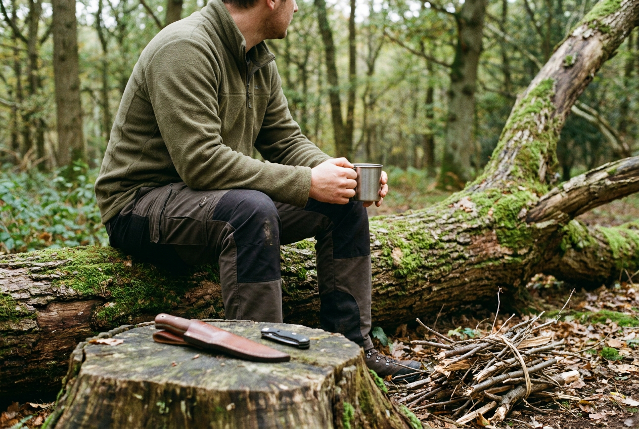 A sheathed fixed blade knife and a closed folding knife rest on a tree stump in a British woodland setting.