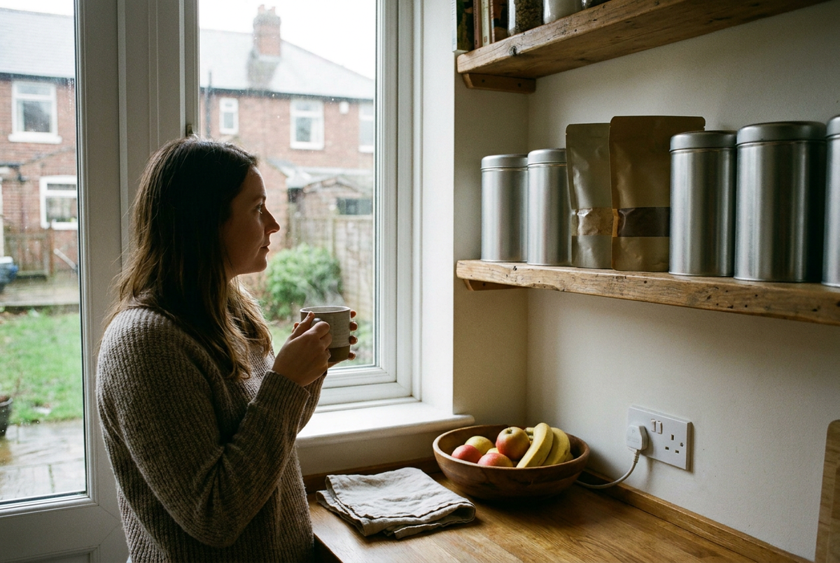 A woman with a mug by a kitchen window, beside a shelf of large silver tins and foil food pouches