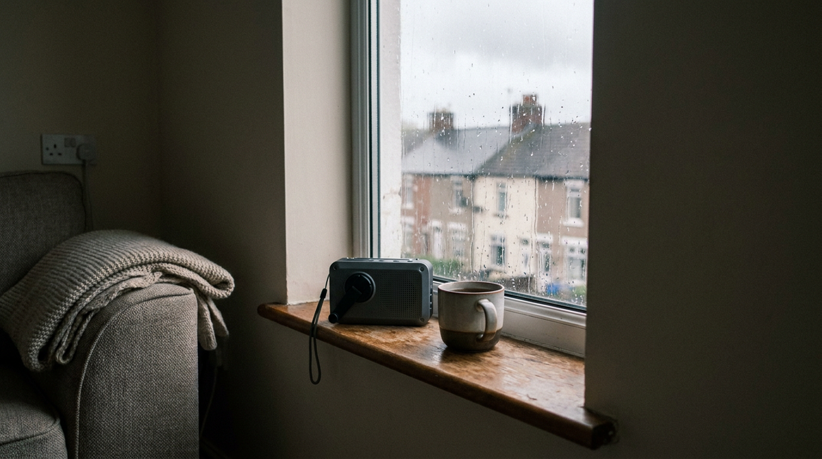 A hand-crank emergency radio on a windowsill beside a mug of tea on a rainy afternoon