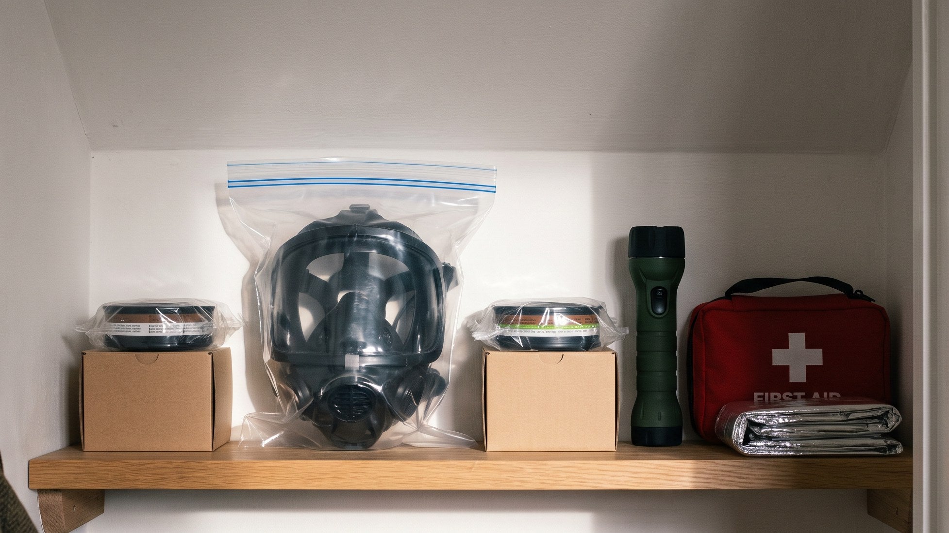 A gas mask in a sealed bag on a cupboard shelf, beside two boxed filters, a torch and a first aid kit