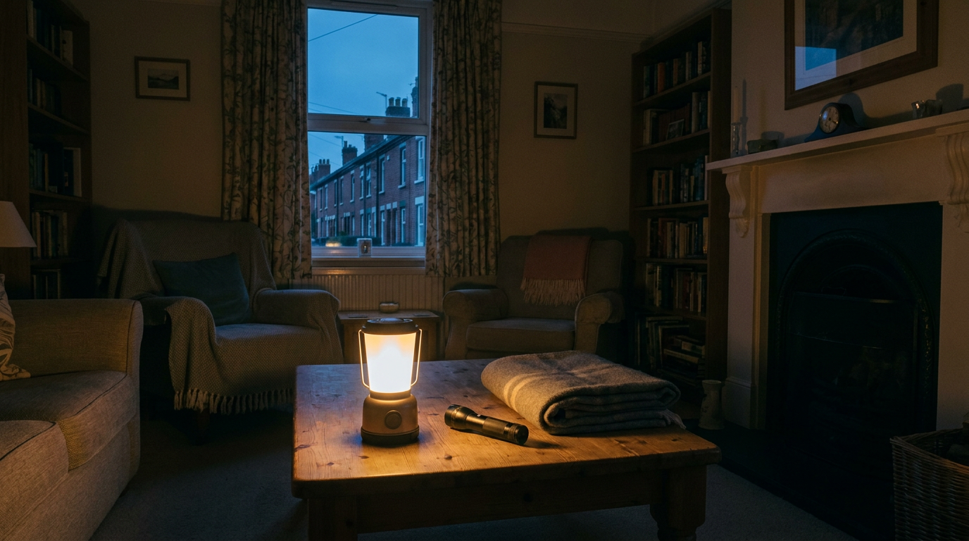 A lantern, a torch and a folded blanket on a coffee table in a darkened living room during a power cut