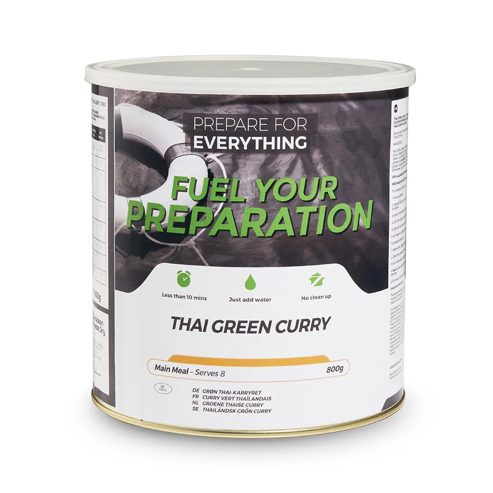 800g white and black tin of Thai Green Curry, front view, labelled "Fuel Your Preparation", main meal serves 8, on white.