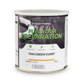 800g white and black tin of Thai Green Curry, front view, labelled "Fuel Your Preparation", main meal serves 8, on white.