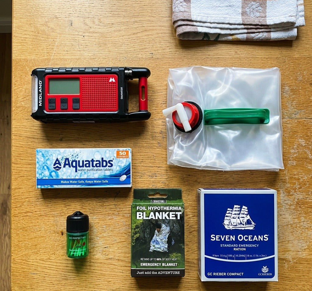 Three-Day Basics Kit with Radio laid out on a kitchen table: Midland ER300 Pro radio, jerry can, water tablets, matches, foil blanket and Seven Oceans ration block