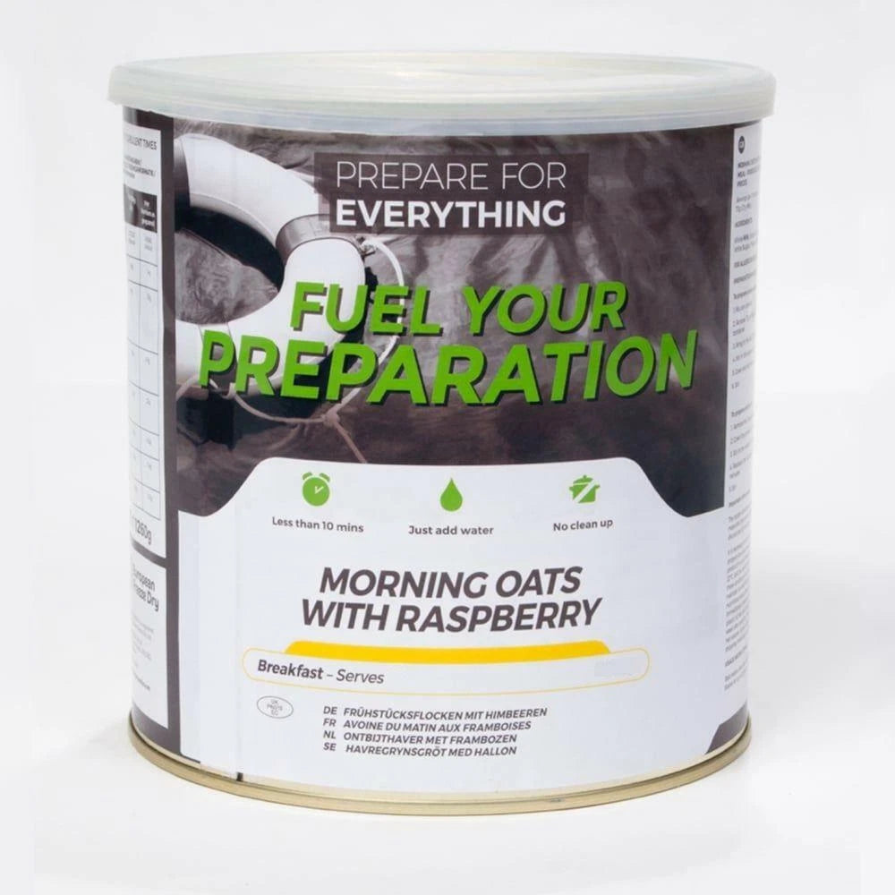 Cylindrical food tin with white and dark label reading "Fuel Your Preparation – Morning Oats With Raspberry", front view.