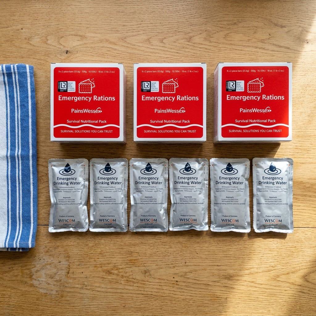Emergency Food and Water Pack on a kitchen table: three PainsWessex emergency ration boxes and six drinking water sachets
