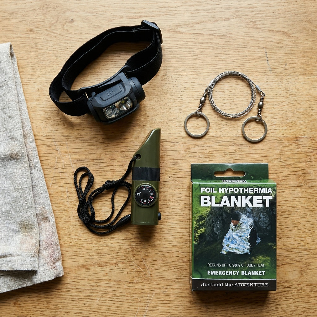 Grab Bag Extras on a kitchen table: Predator II headlamp, 7-in-1 whistle, Commando wire saw and a foil hypothermia blanket