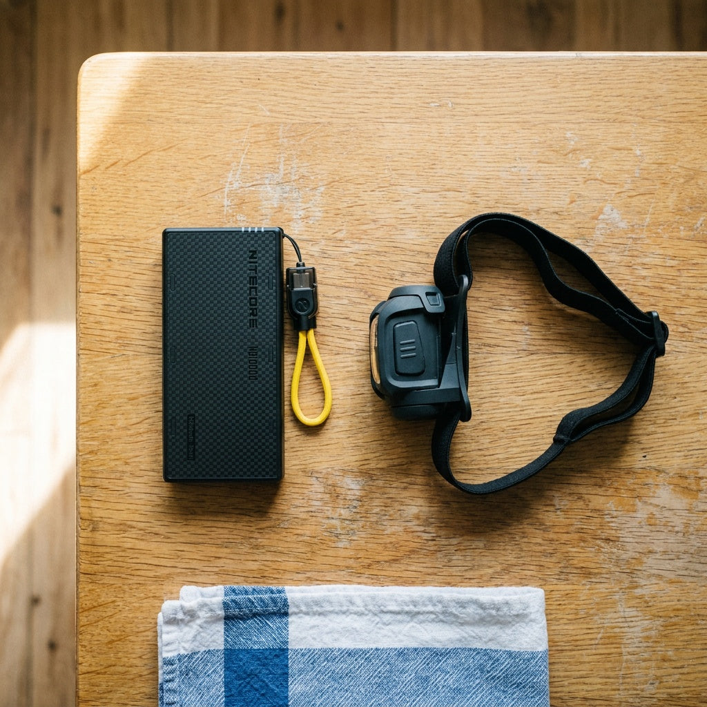 Light and Power Kit on a kitchen table: a Nitecore NB10000 power bank with its cable and a Predator II headlamp