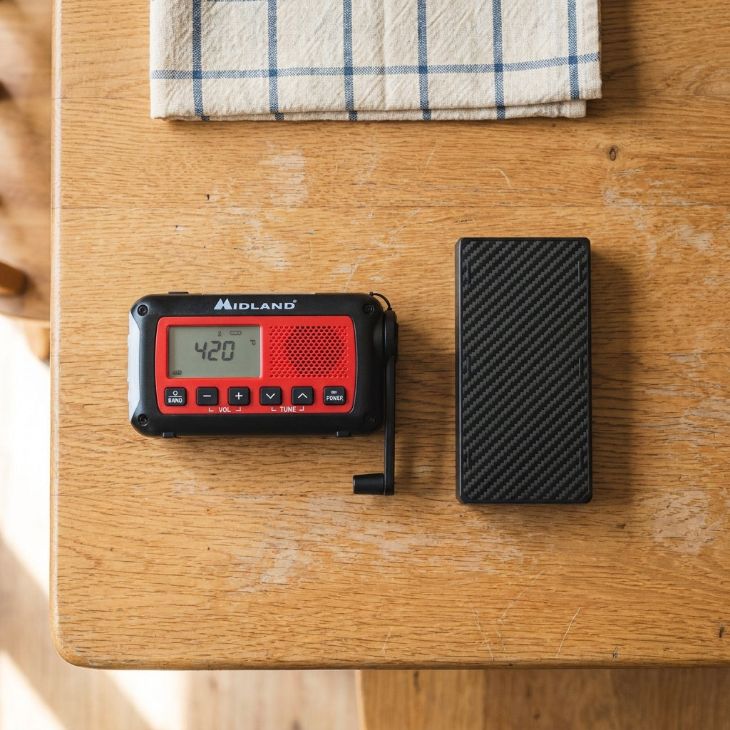 Radio and Phone Power Kit on a kitchen table: a Midland ER100 hand-crank radio and a Nitecore NB20000 power bank